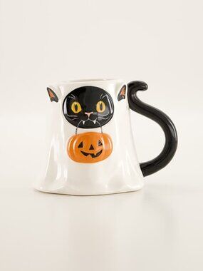 🐱👻 Cracker Barrel Exclusive Black Cat Ghost Mug Halloween Pumpkin Tail Handle